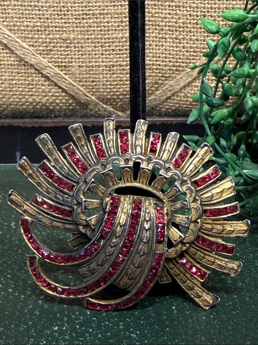 Vintage Gold-Tone Brooch with Red Rhinestones